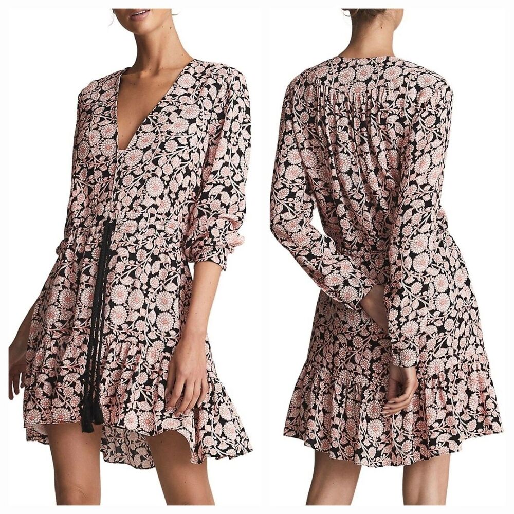 Reiss NWT January Floral Print Flip Dress Long Sleeve Waist Tie Pink Size 10